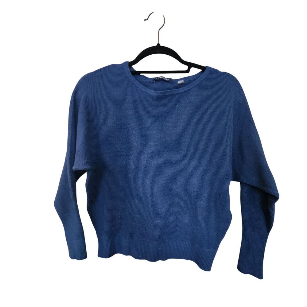 Tahari Womens Blue Knit Sweater Crew Neck Ribbed Hem S